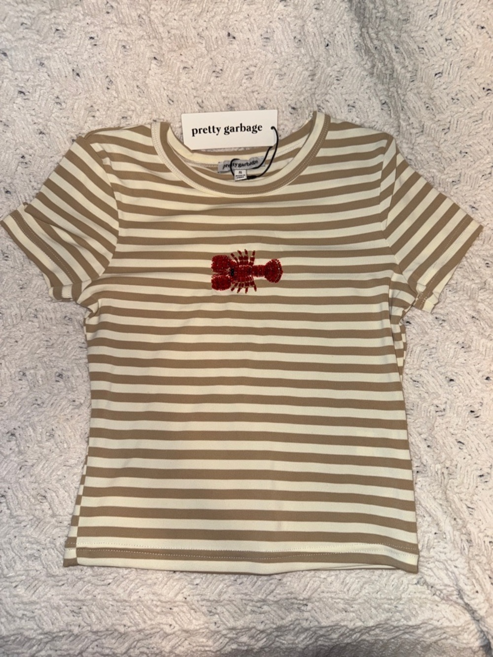 Pretty Garbage Cream & Tan Striped Short Sleeve Tee with Red Sequin Lobster